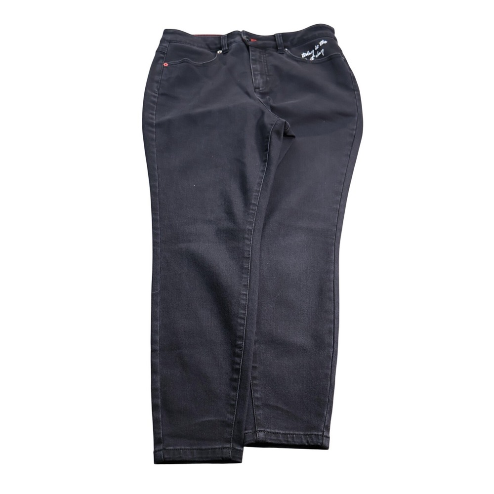 Peace‎ Love World Petite Jeans Womens 10P Black Skinny Embroidered Quote Denim